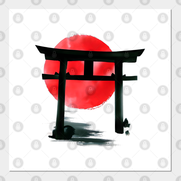 Japanese torii gate sumi e in brush painting Torii Gate Posters and